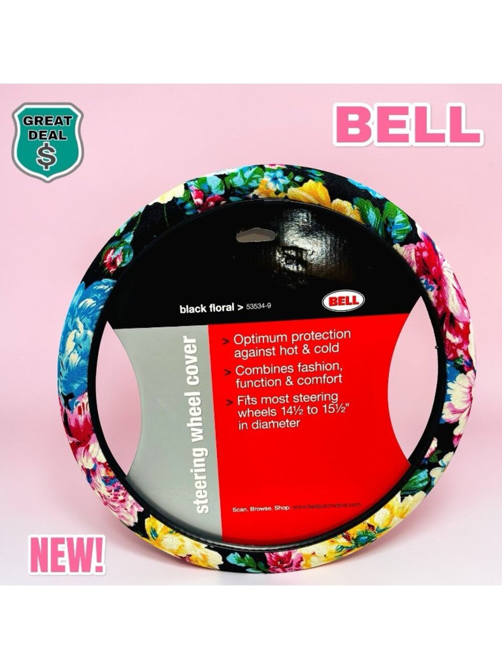 BELL Non-slip Breathable Black Floral Steering Wheel Cover. 14-15.25” NEW!
